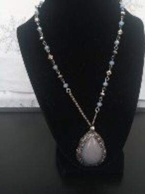 Gray Teardrop Pendant Necklace with Silver and Blue Beading